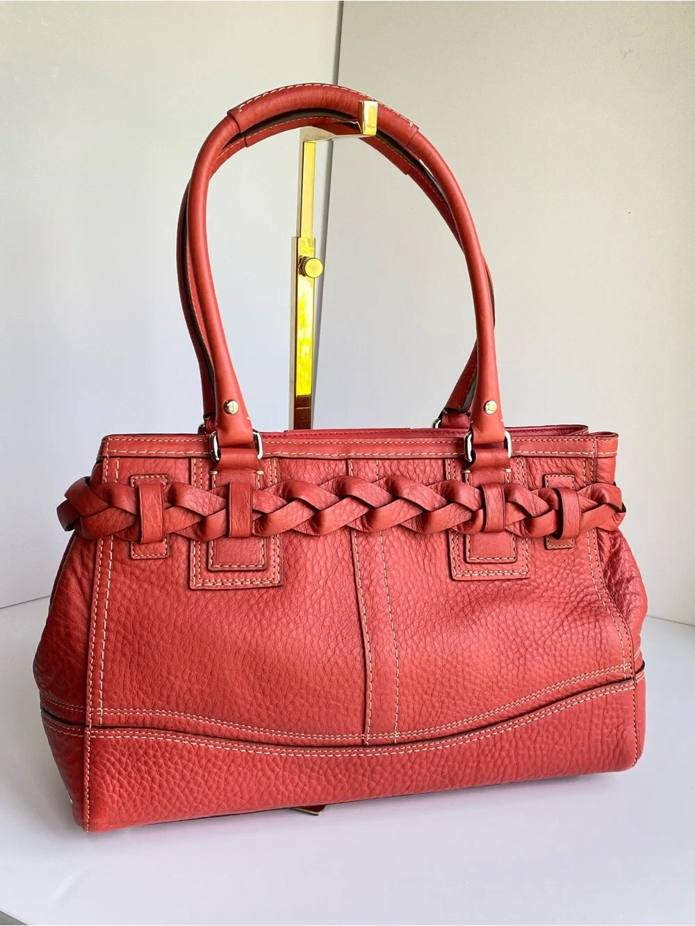 Coach Hamilton Braided Belted Leather Carryall in Coral Salmon